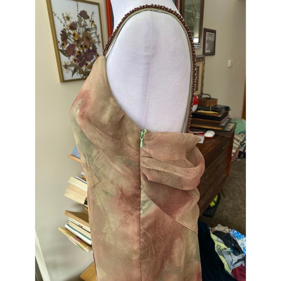 Vintage 1990s Beaded Cowl Back Green Maxi Dress Prom Formal Silky Fairy Wood Y2K - Picture 4 of 6